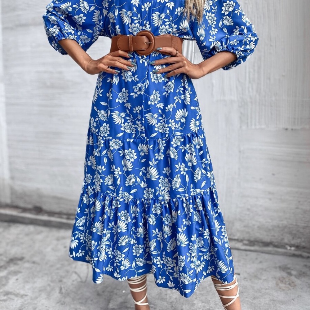 Bohemian Blue Floral Button up Ruffle Midi Dress - Picture 2 of 7